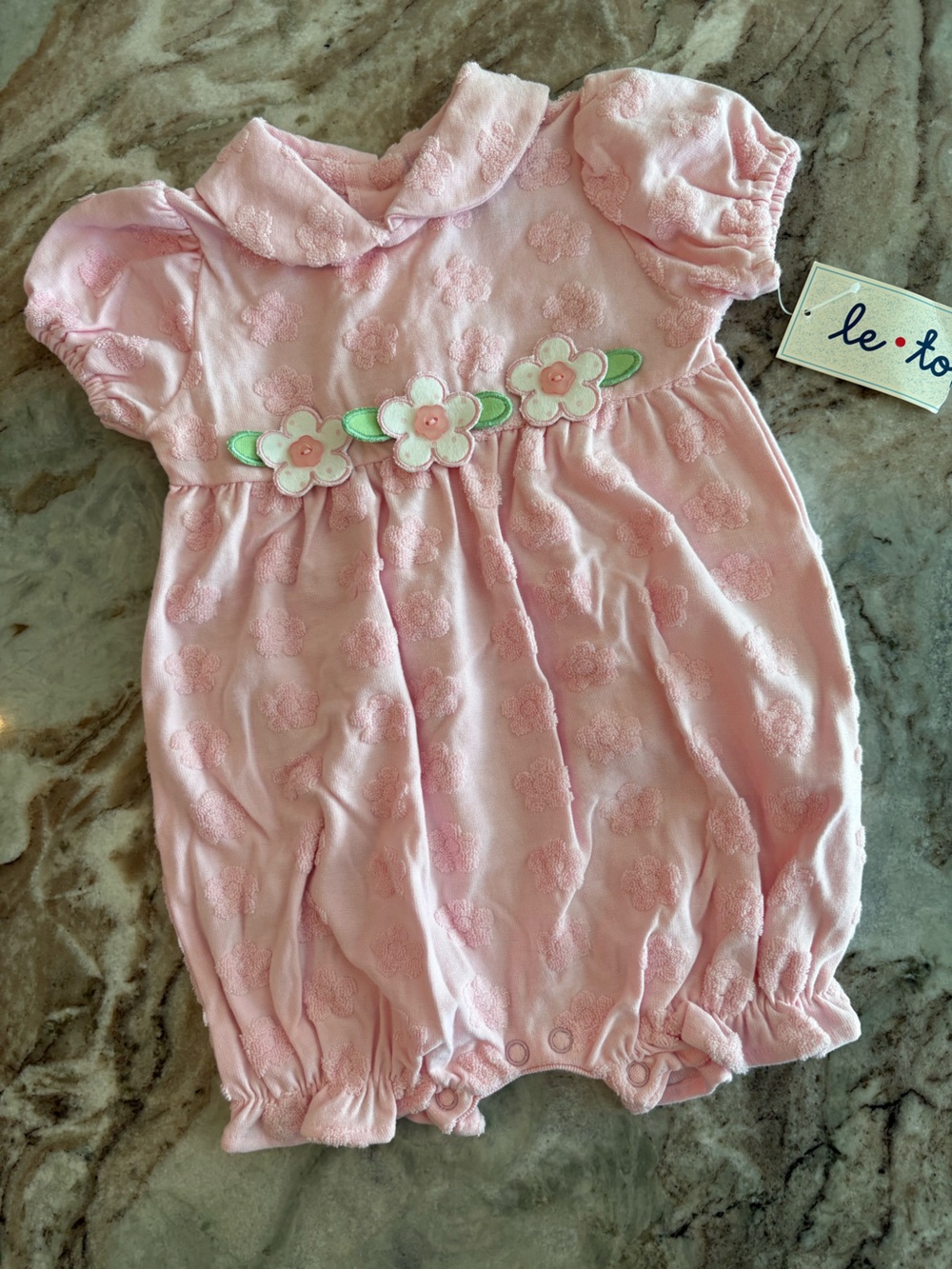 Le Top Baby Girls Pink Terry Bubble Romper Flowers Peter Pan Collar 9M Short
